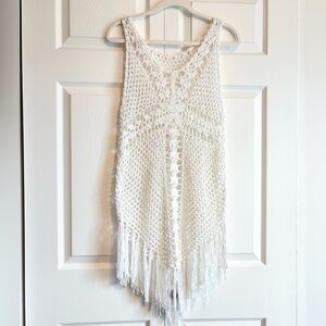 BOHO Cool White Intricate Crochet Knit Fringe Hem Festival Beach Summer Cover Up
